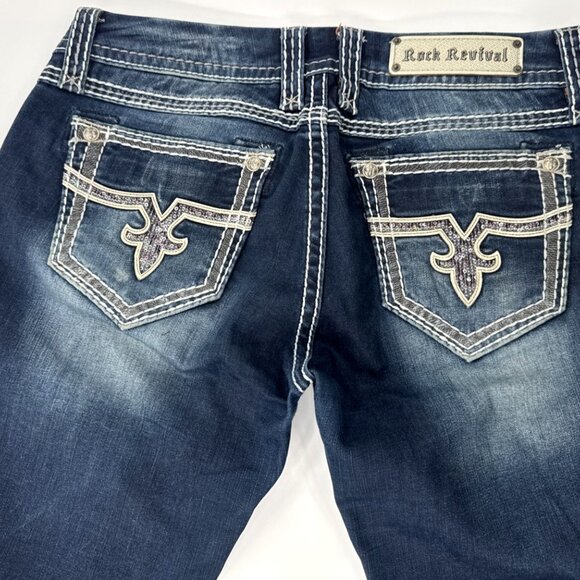 Rock Revival Jeans Womens 31 Jacklyn Boot Cut Pink Sequins Embroidered Denim Mid - Picture 1 of 16